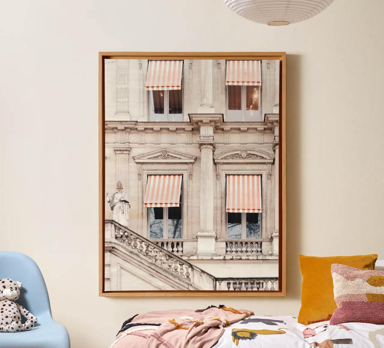 Paris Building with White and Orange Striped Awning tela con Cornice a cassetta da GraceDigitalArtCo