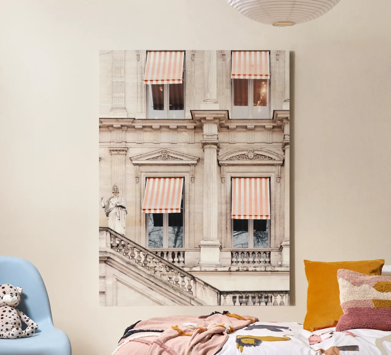 Paris Building with White and Orange Striped Awning tela con Cornice a cassetta da GraceDigitalArtCo