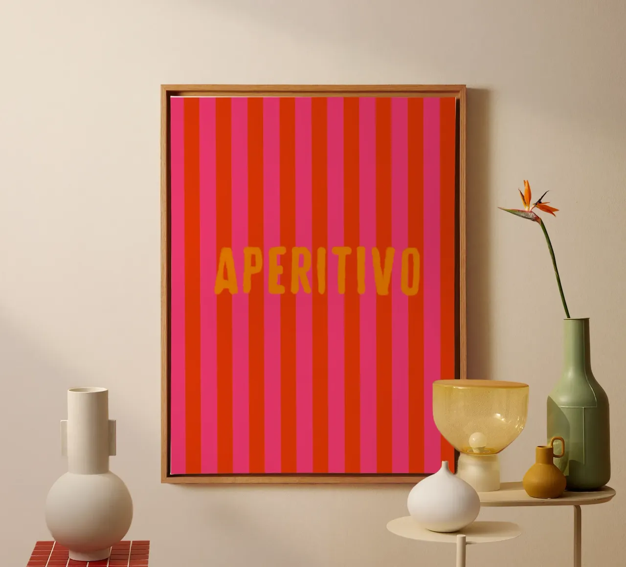 APERITIVO Orange On Pink Red Stripe canvas with Floater frame by Alisa Knöß