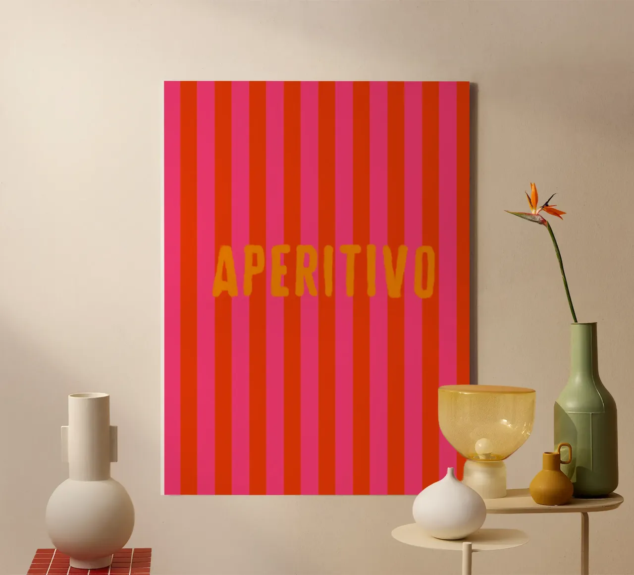 APERITIVO Orange On Pink Red Stripe canvas with Floater frame by Alisa Knöß
