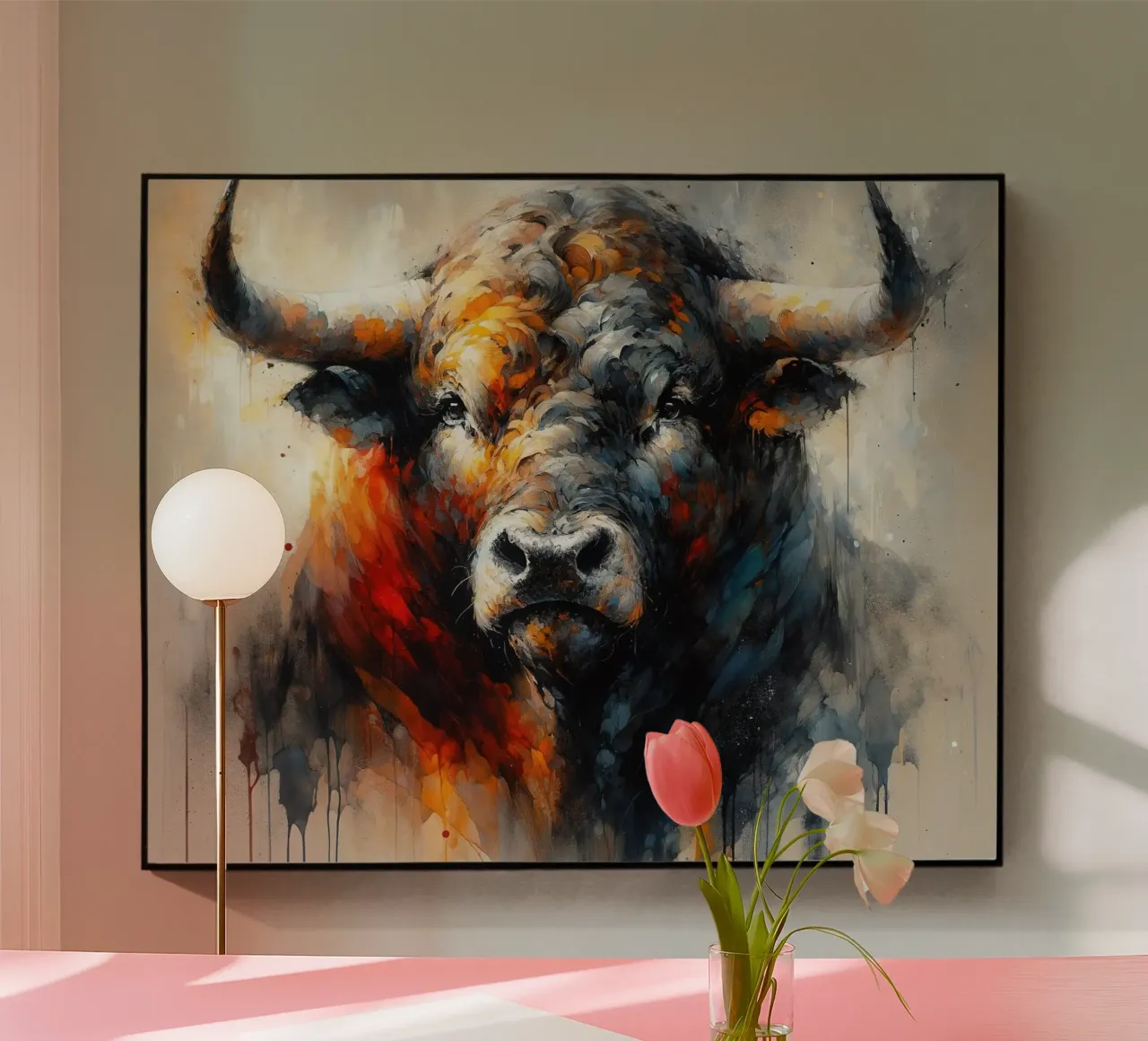 Majestic Bull Aura in aquarel schaduwen acryl van Chromatic Fusion Studio