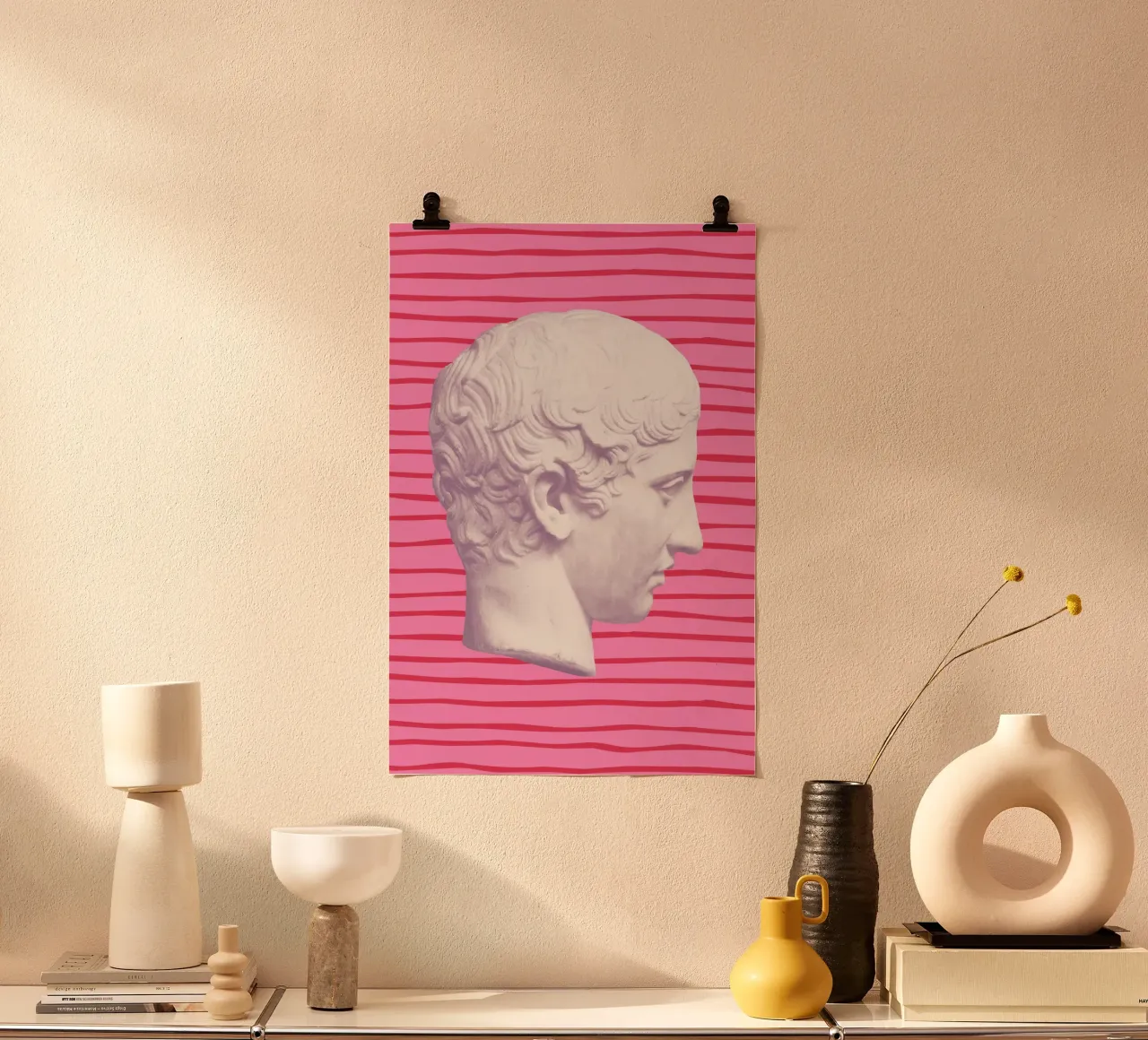 Emperor on pink and red stripes poster con telaio in plastica da GraceDigitalArtCo