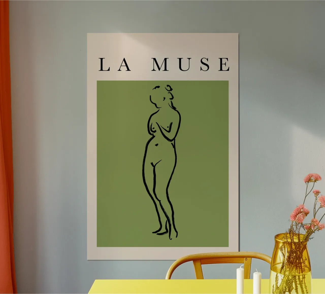 The Muse Female Form Line Art - Green and Beige poster con telaio in alluminio da GraceDigitalArtCo