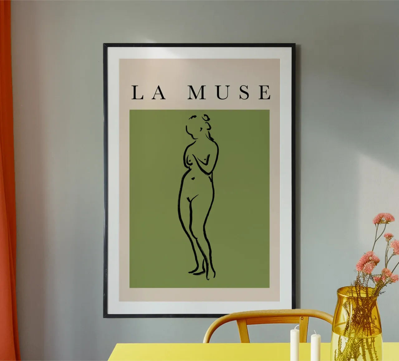 The Muse Female Form Line Art - Green and Beige poster con telaio in alluminio da GraceDigitalArtCo
