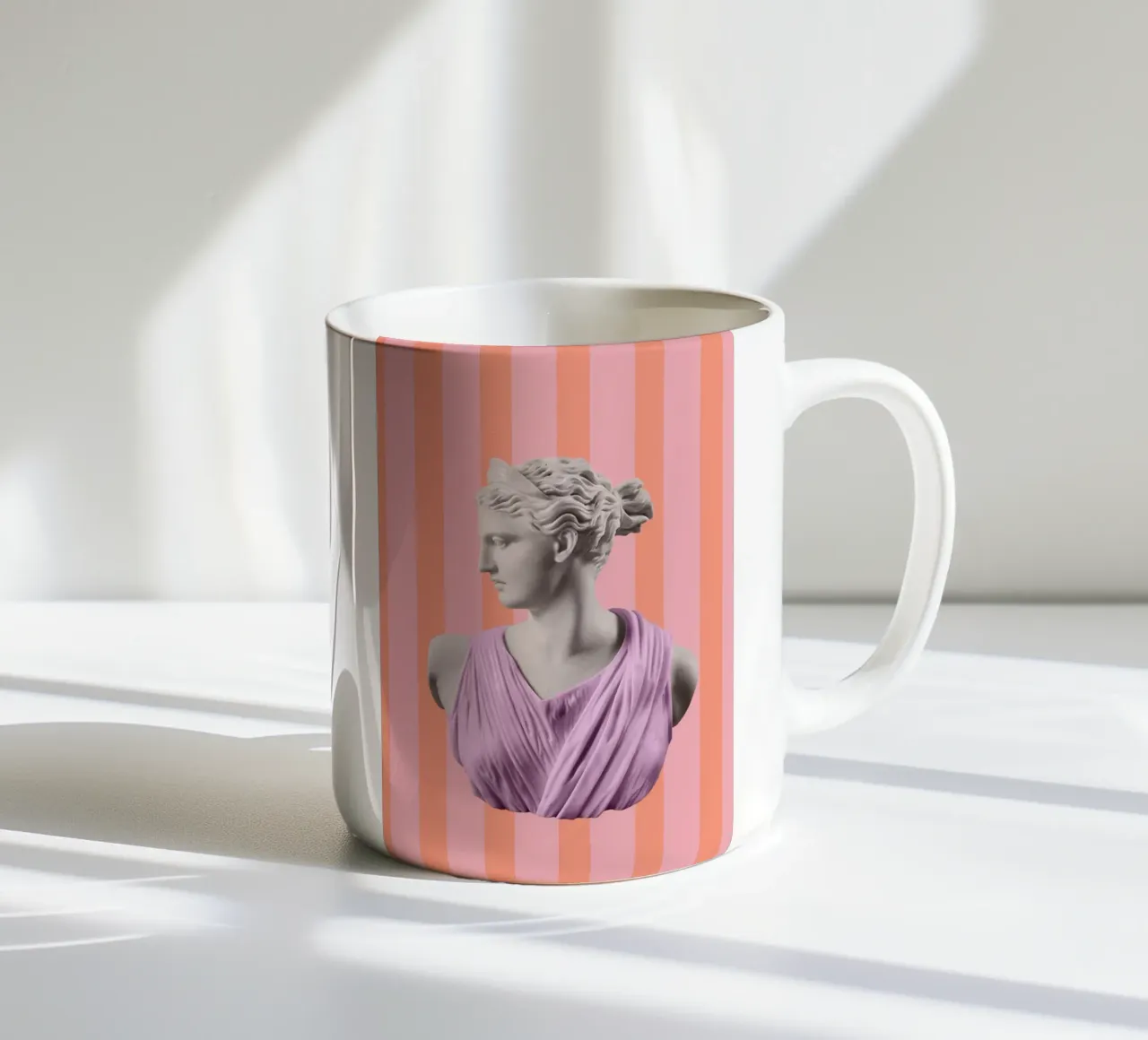 Artemis Goddess on Pink and Orange Stripes ceramic mug by GraceDigitalArtCo