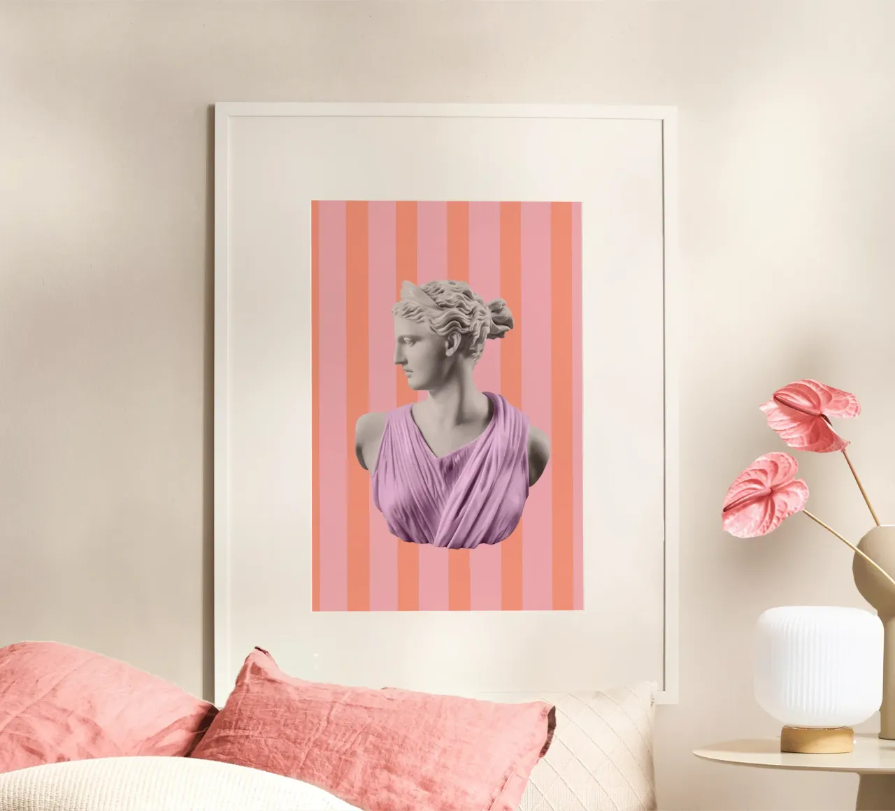 Artemis Goddess on Pink and Orange Stripes poster con telaio in legno da GraceDigitalArtCo