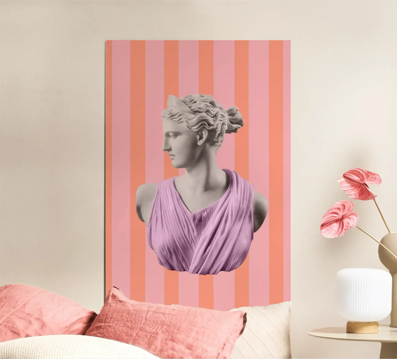 Artemis Goddess on Pink and Orange Stripes poster con telaio in legno da GraceDigitalArtCo
