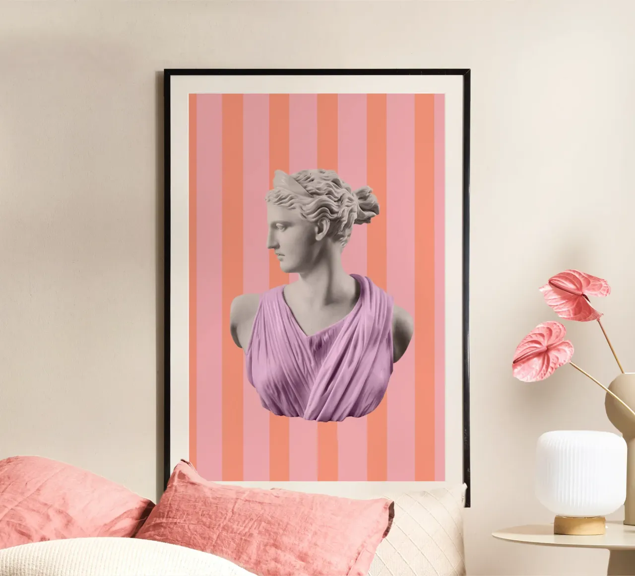 Artemis Goddess on Pink and Orange Stripes poster con telaio in legno da GraceDigitalArtCo