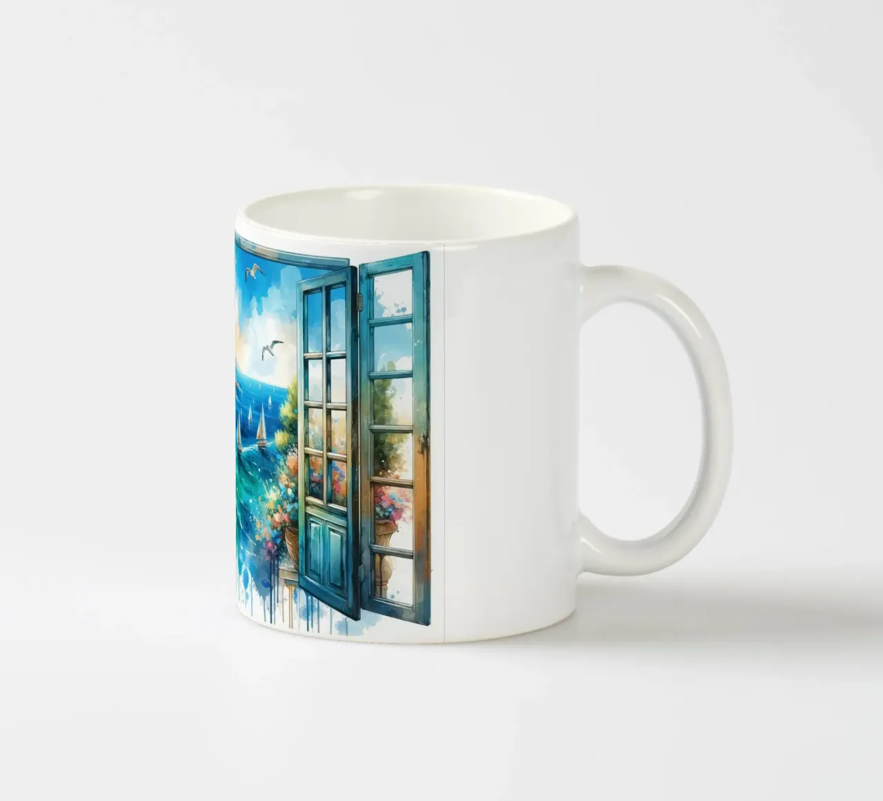 Mediterranean Coastline through Open Window ceramic mug by Chromatic Fusion Studio