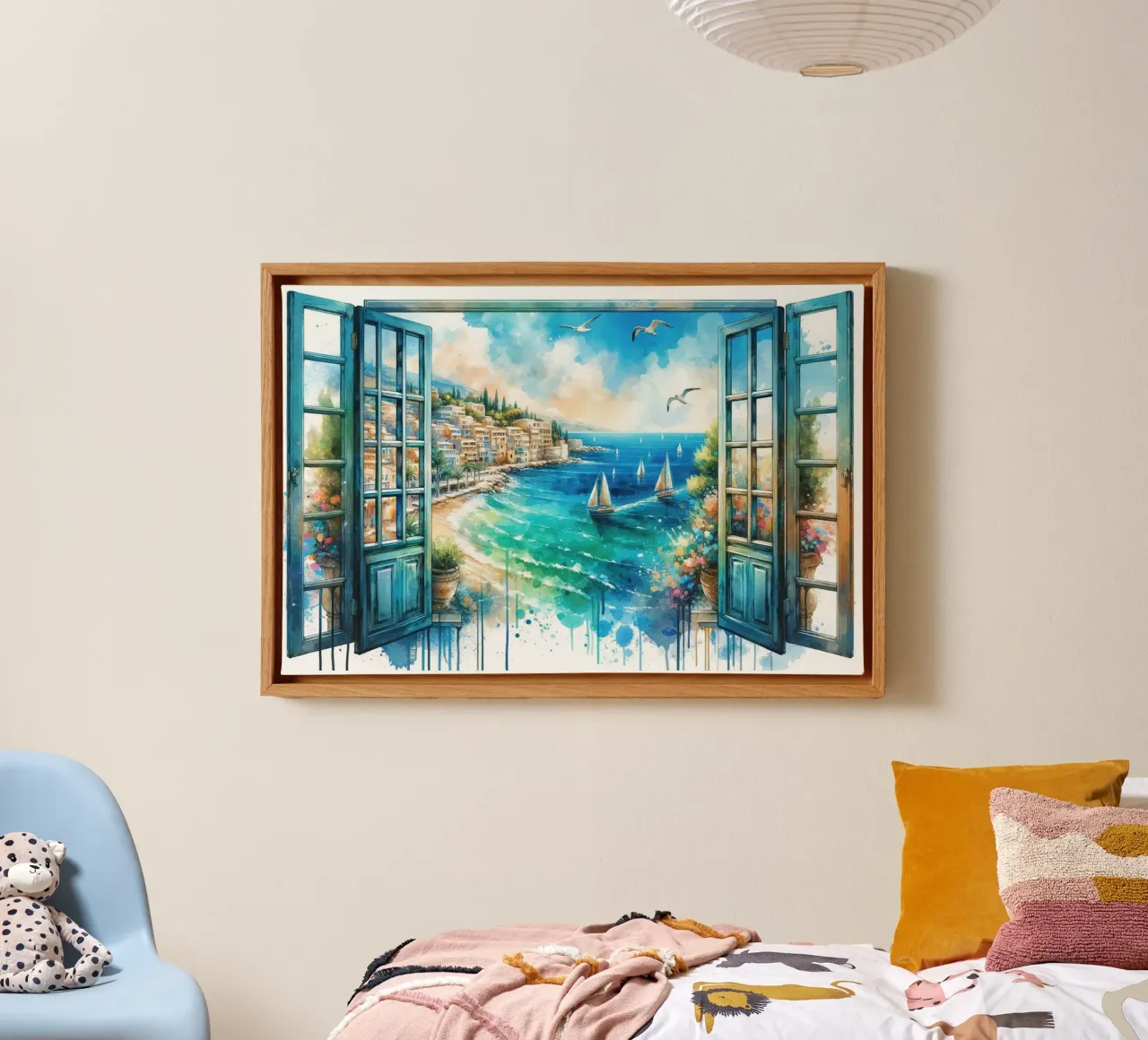 Mediterranean Coastline through Open Window canvas with Floater frame by Chromatic Fusion Studio