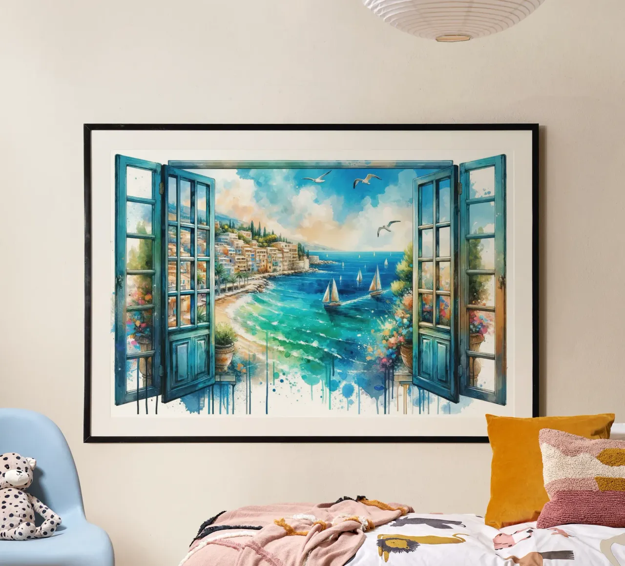 Mittelmeerküste durch offenes Fenster Poster mit Kunststoffrahmen von Chromatic Fusion Studio