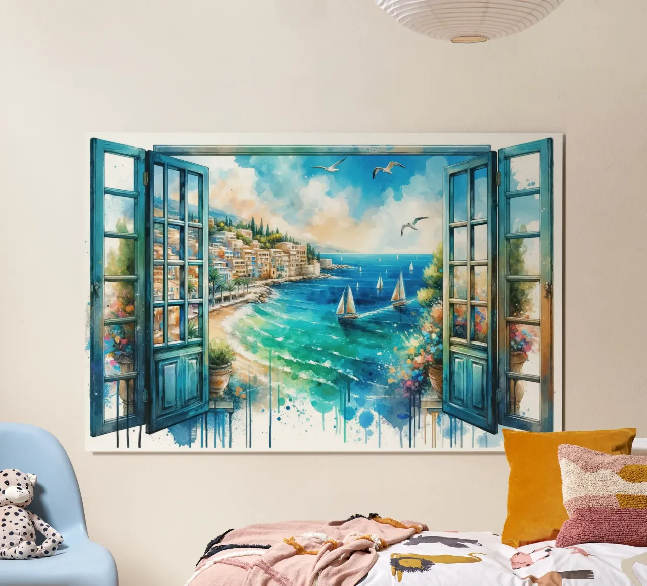 Mittelmeerküste durch offenes Fenster Poster mit Kunststoffrahmen von Chromatic Fusion Studio