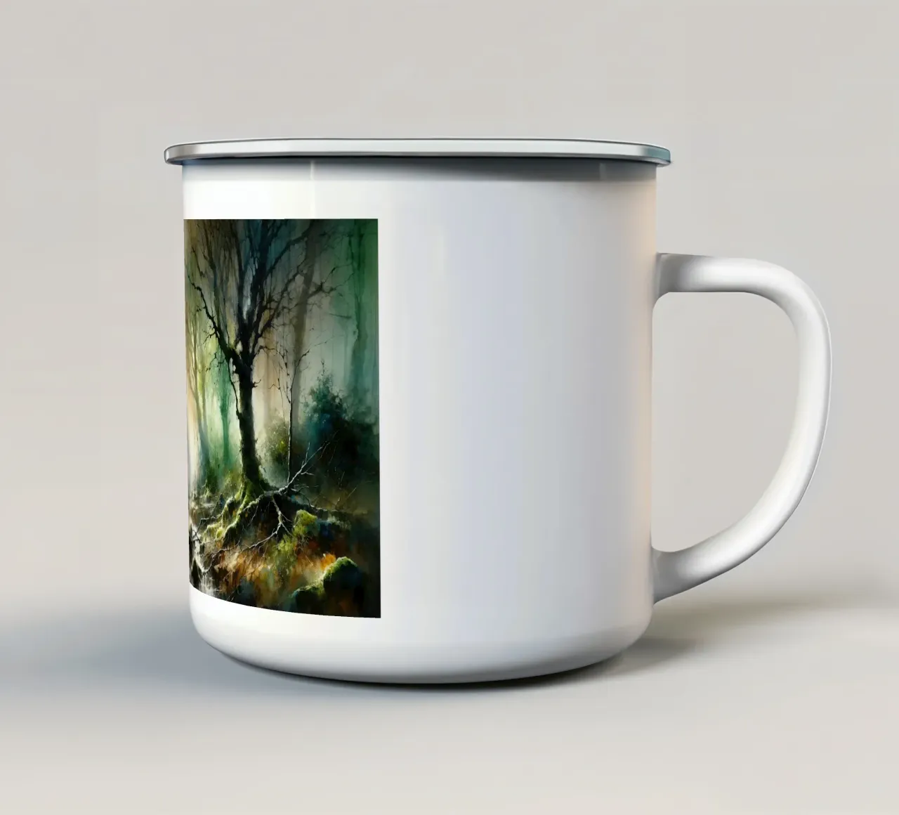 Risveglio della foresta nebbiosa tazza in smalto da Chromatic Fusion Studio