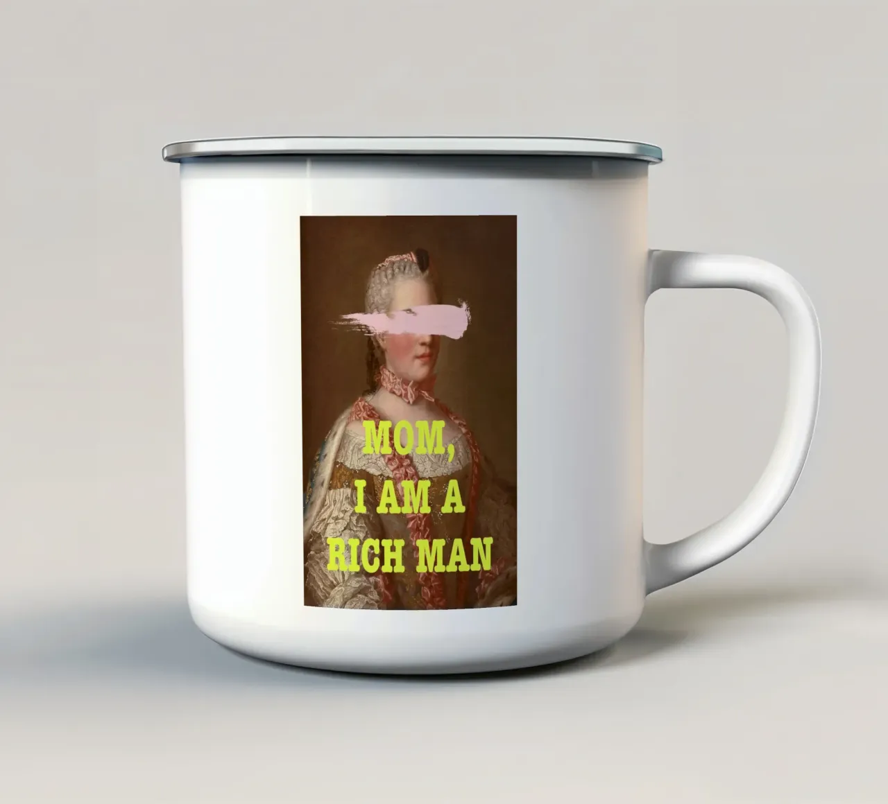 Rich Man FEMINIST Art with yellow text tazza in smalto da GraceDigitalArtCo