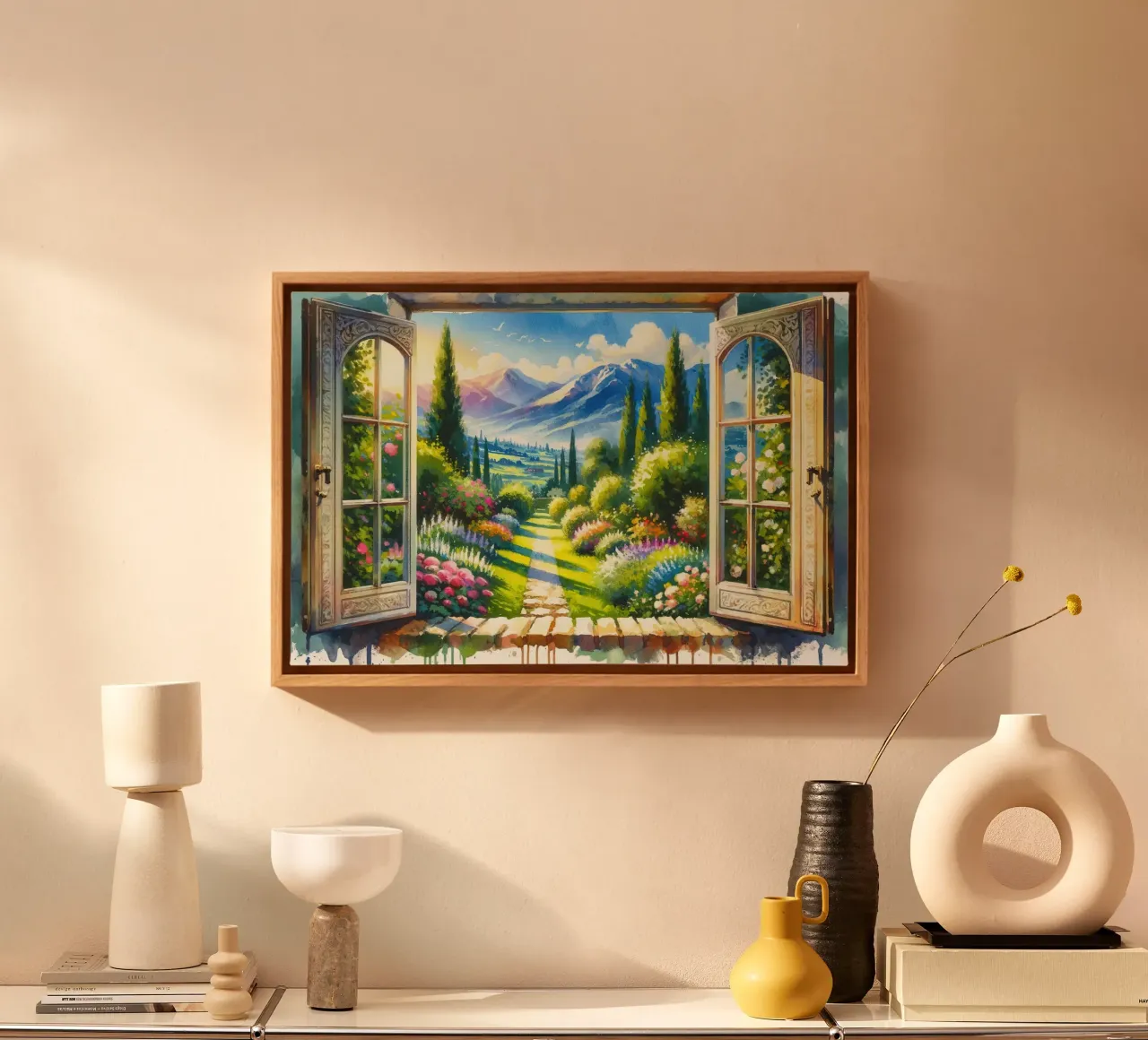 Mountain View through Open Window canvas with Floater frame by Chromatic Fusion Studio