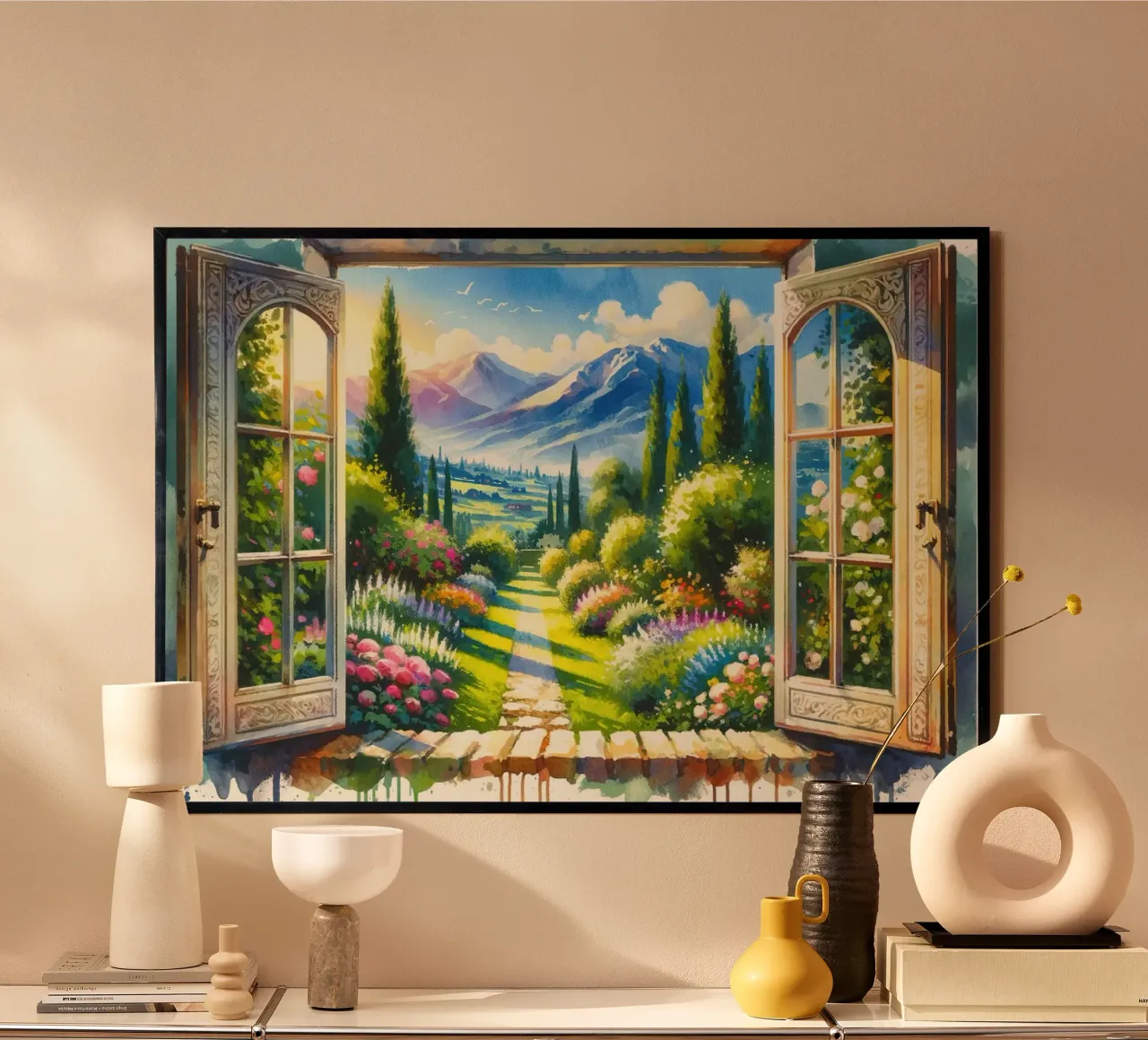 Mountain View through Open Window poster with plastic frame by Chromatic Fusion Studio