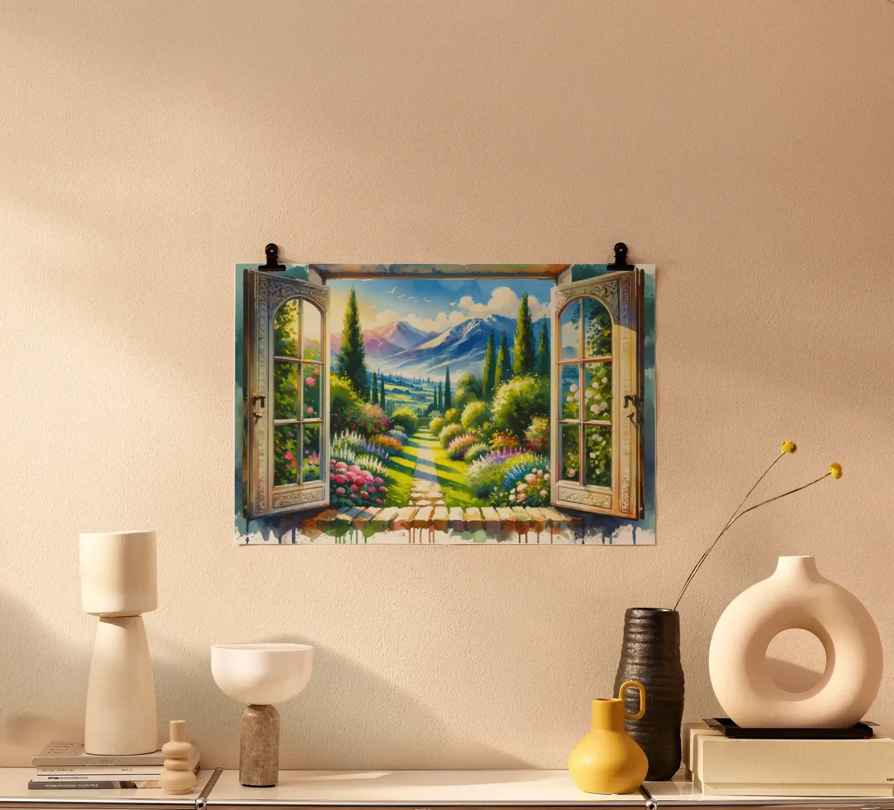 Mountain View through Open Window poster with plastic frame by Chromatic Fusion Studio
