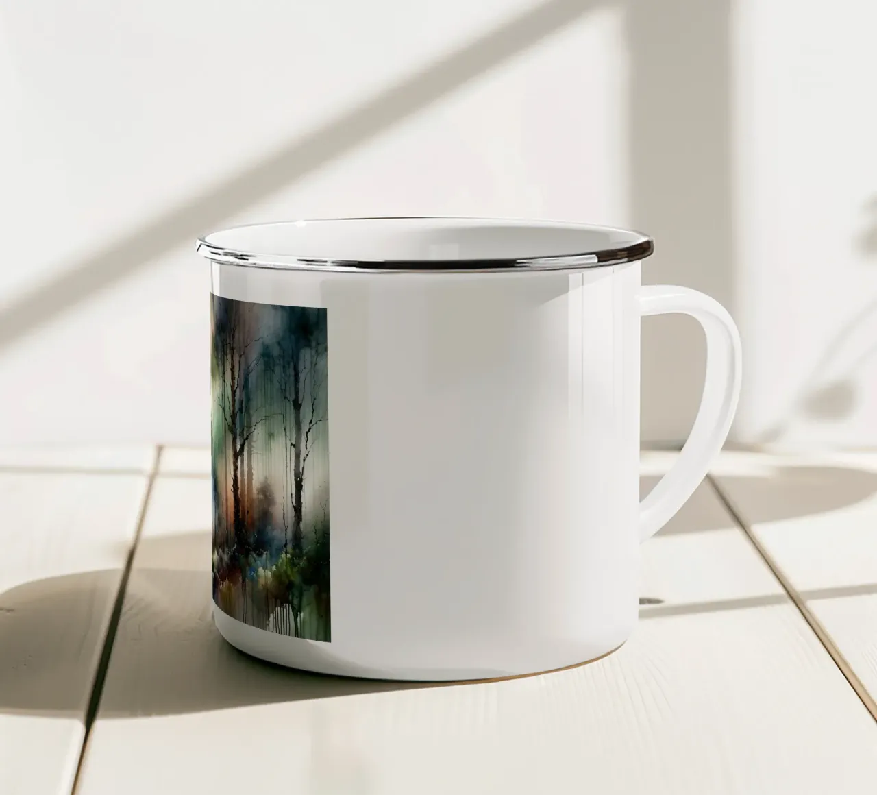 Una misteriosa foresta avvolta da una fitta nebbia tazza in smalto da Chromatic Fusion Studio