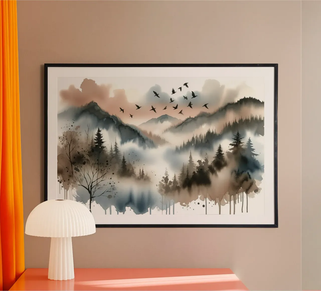 Le Montagne Mistiche velate dalla nebbia del mattino poster con telaio in legno da Chromatic Fusion Studio