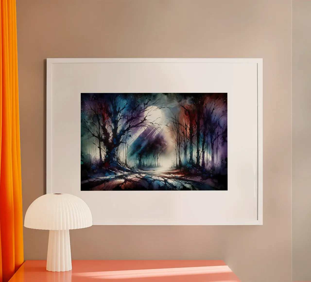 Scena mistica di foresta al chiaro di luna poster con telaio in legno da Chromatic Fusion Studio