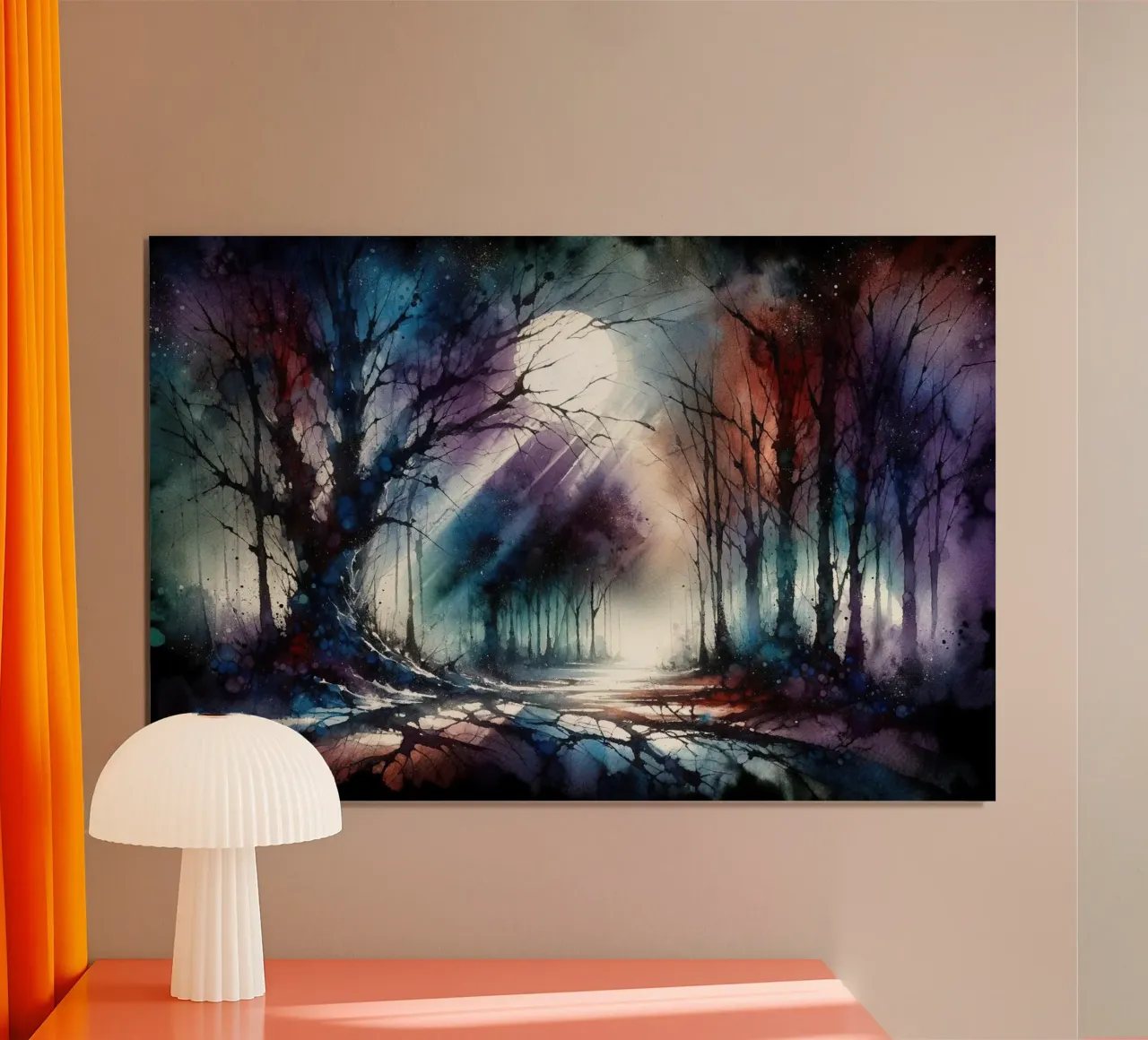 Scena mistica di foresta al chiaro di luna poster con telaio in legno da Chromatic Fusion Studio