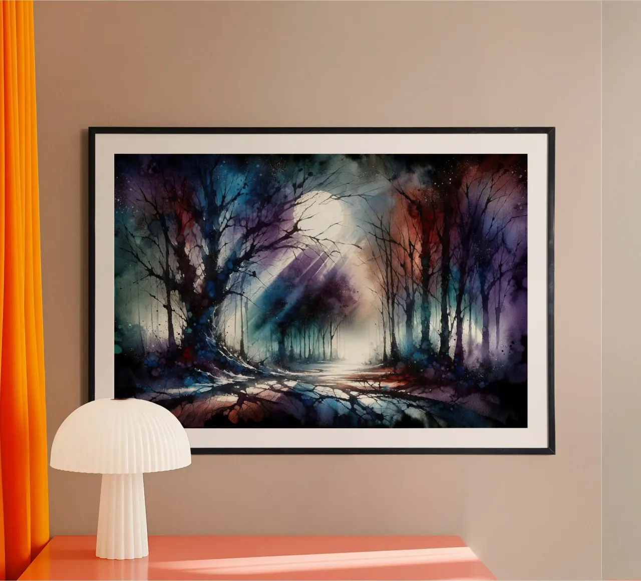 Scena mistica di foresta al chiaro di luna poster con telaio in legno da Chromatic Fusion Studio