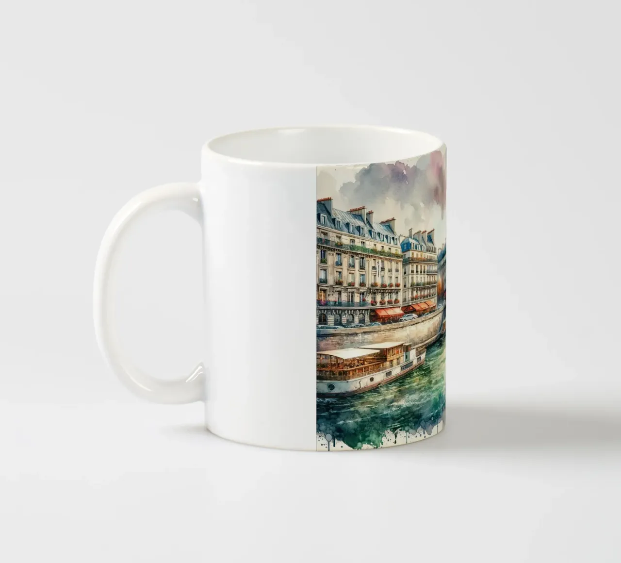 Scena fluviale parigina con Torre Eiffel tazza in ceramica da Chromatic Fusion Studio