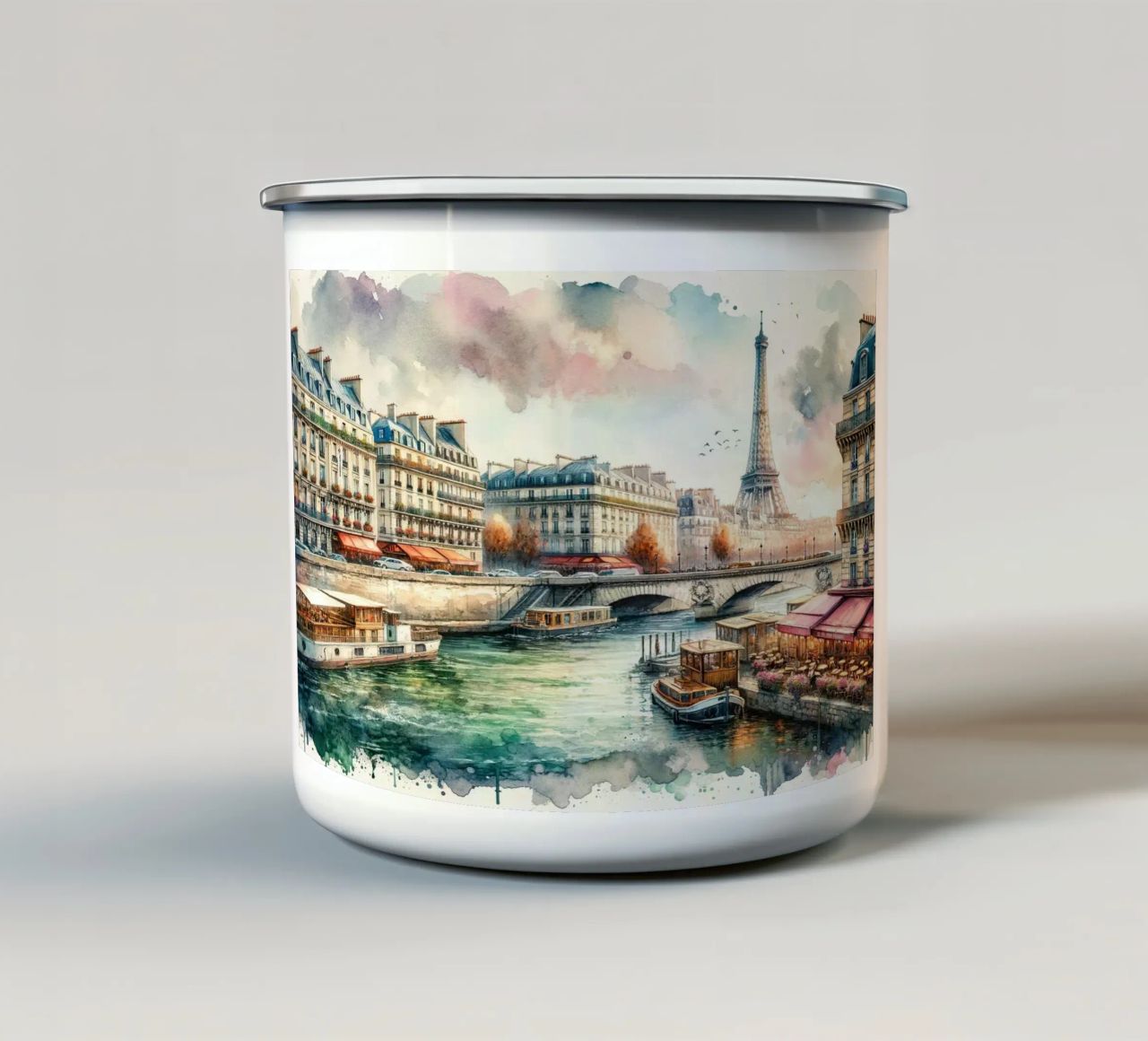 Pariser Flussszene mit Eiffelturm Emaille Tasse von Chromatic Fusion Studio