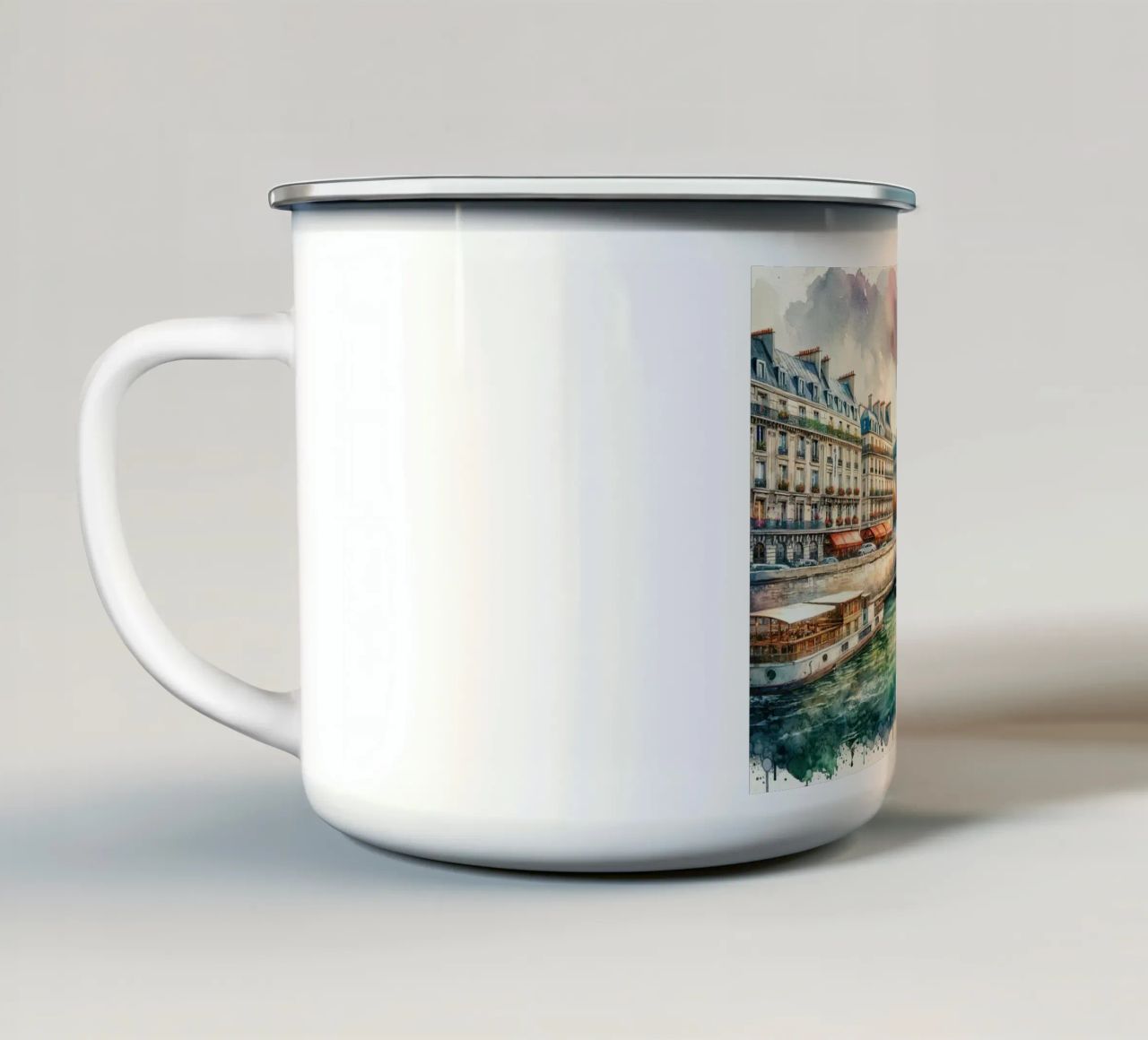 Pariser Flussszene mit Eiffelturm Emaille Tasse von Chromatic Fusion Studio