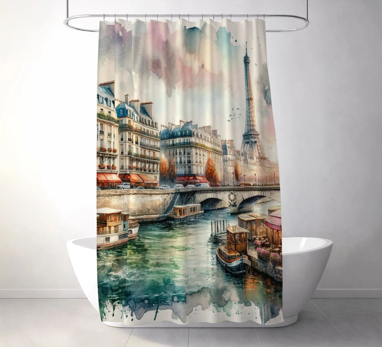 Pariser Flussszene mit Eiffelturm Duschvorhang von Chromatic Fusion Studio