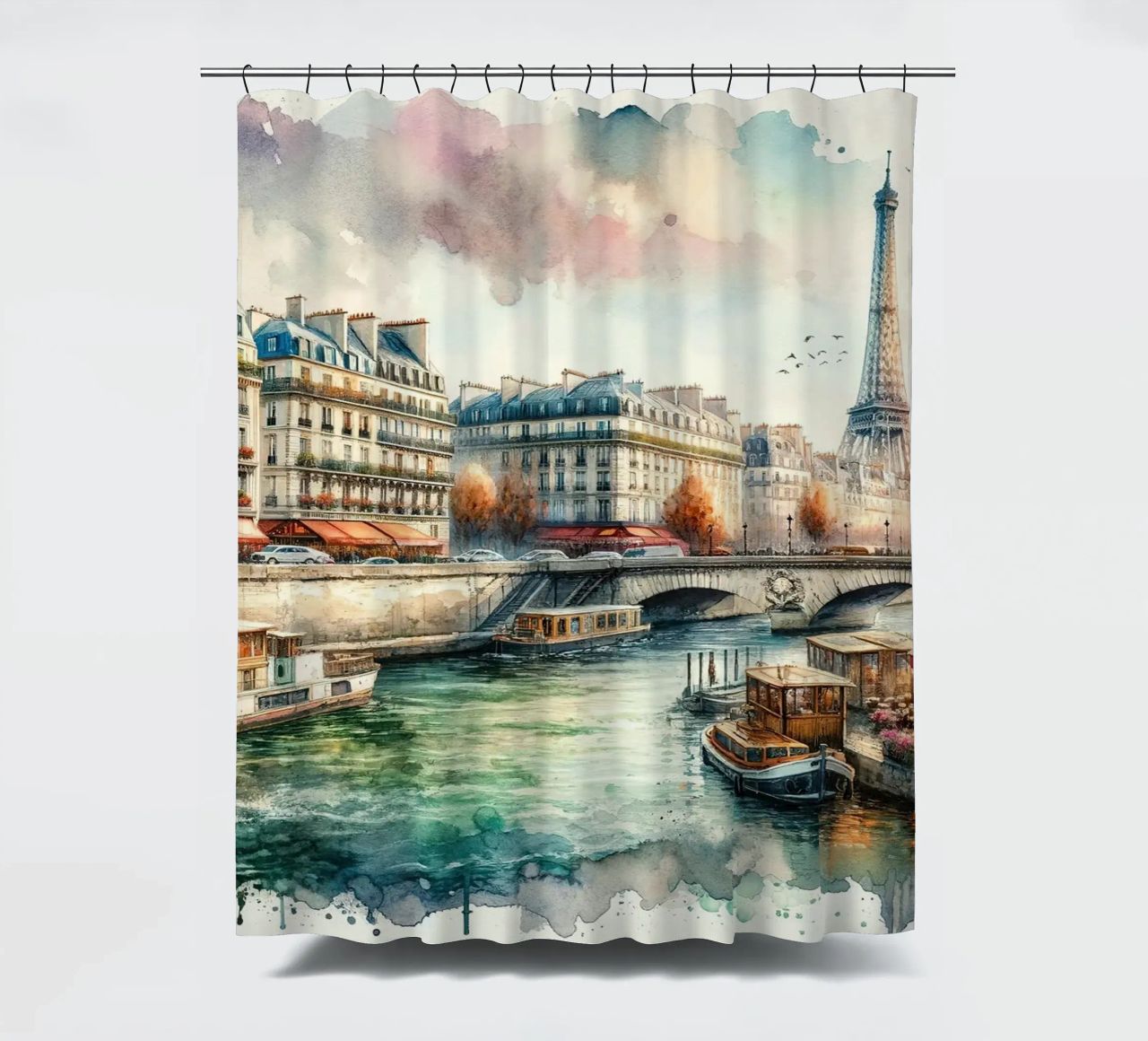 Pariser Flussszene mit Eiffelturm Duschvorhang von Chromatic Fusion Studio