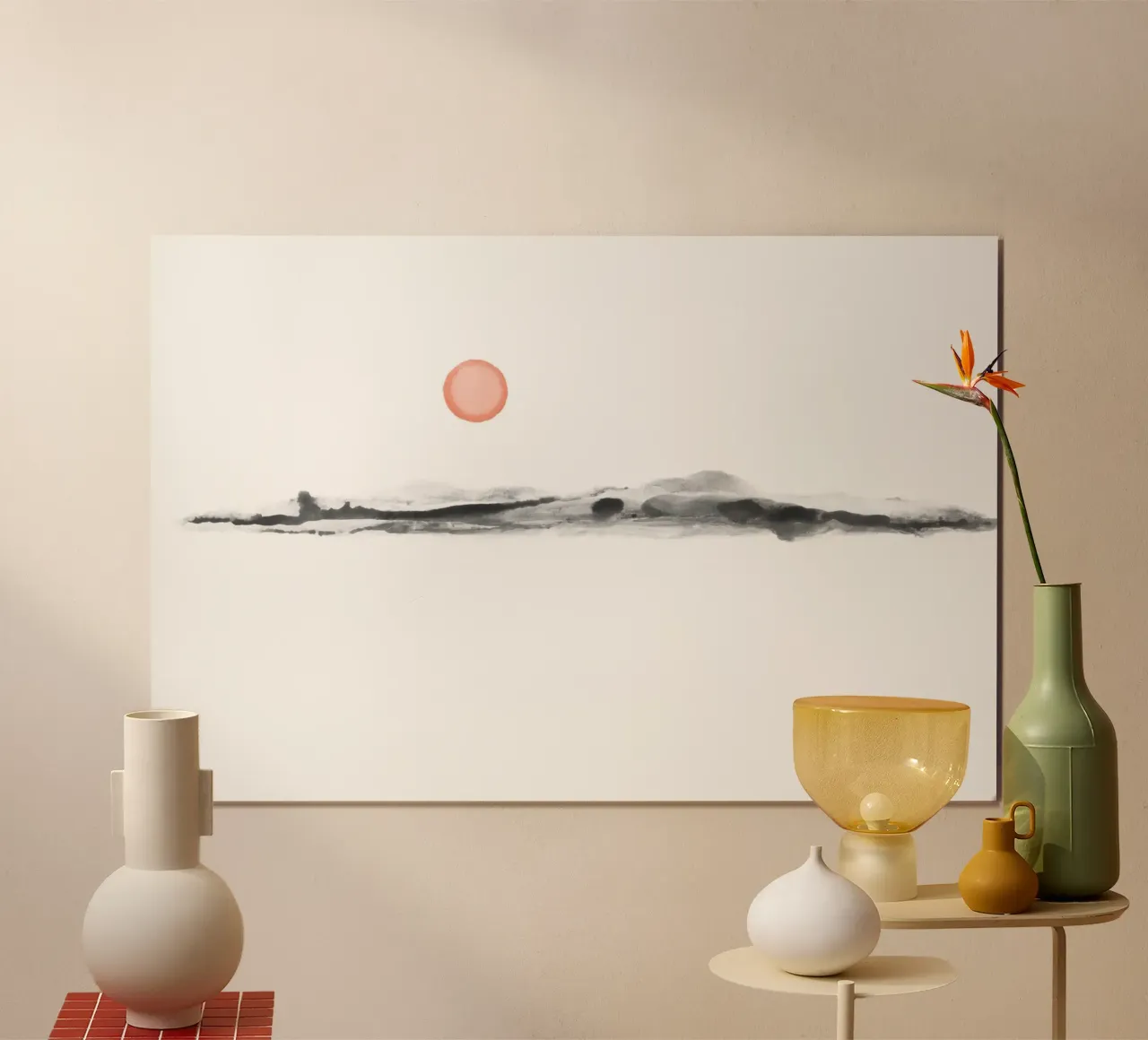 Aquarell bei Sonnenuntergang in Schwarz und Koralle Poster mit Kunststoffrahmen von NouveauPrints