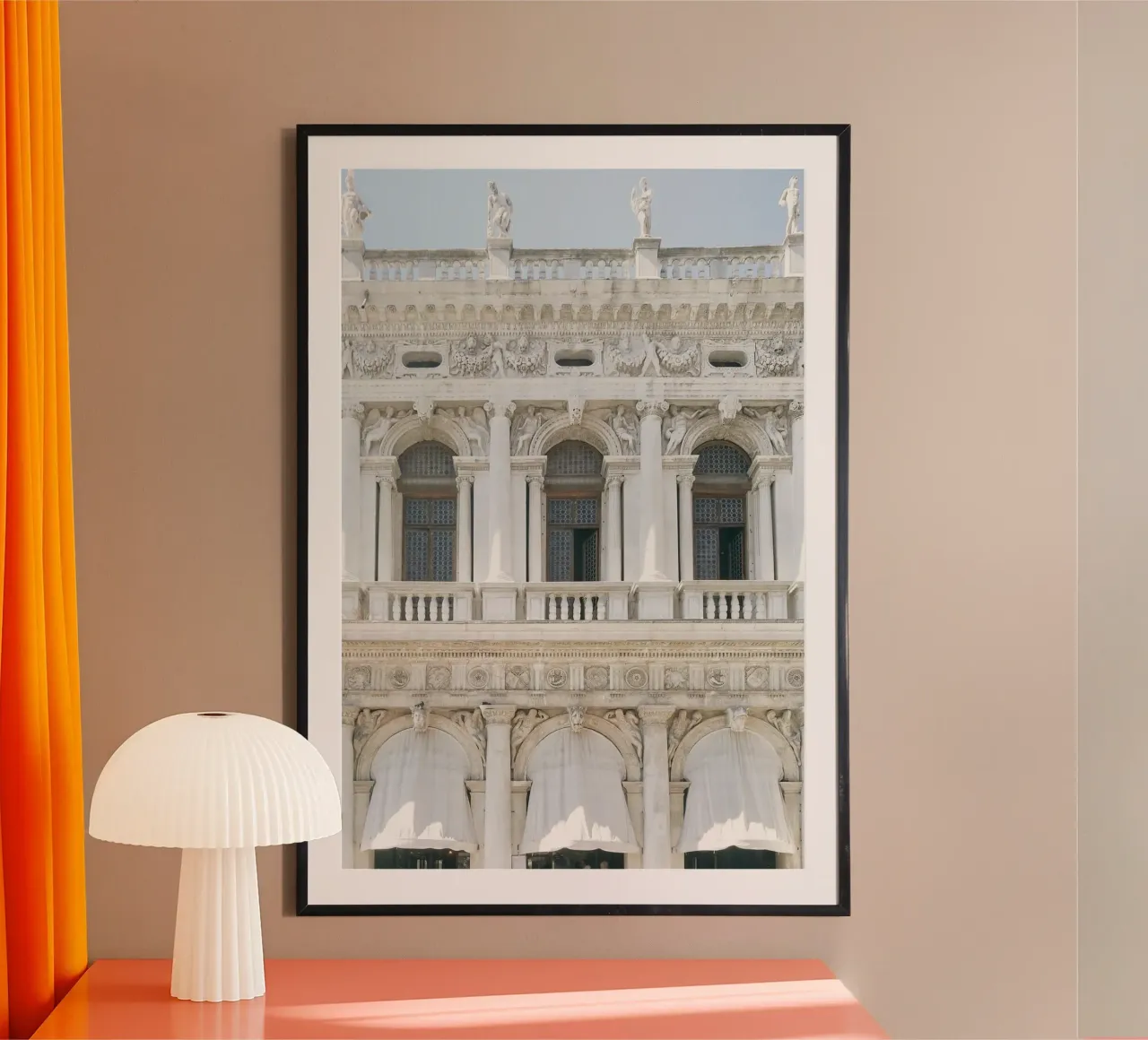 White and Beige Venice Building poster con telaio in plastica da GraceDigitalArtCo