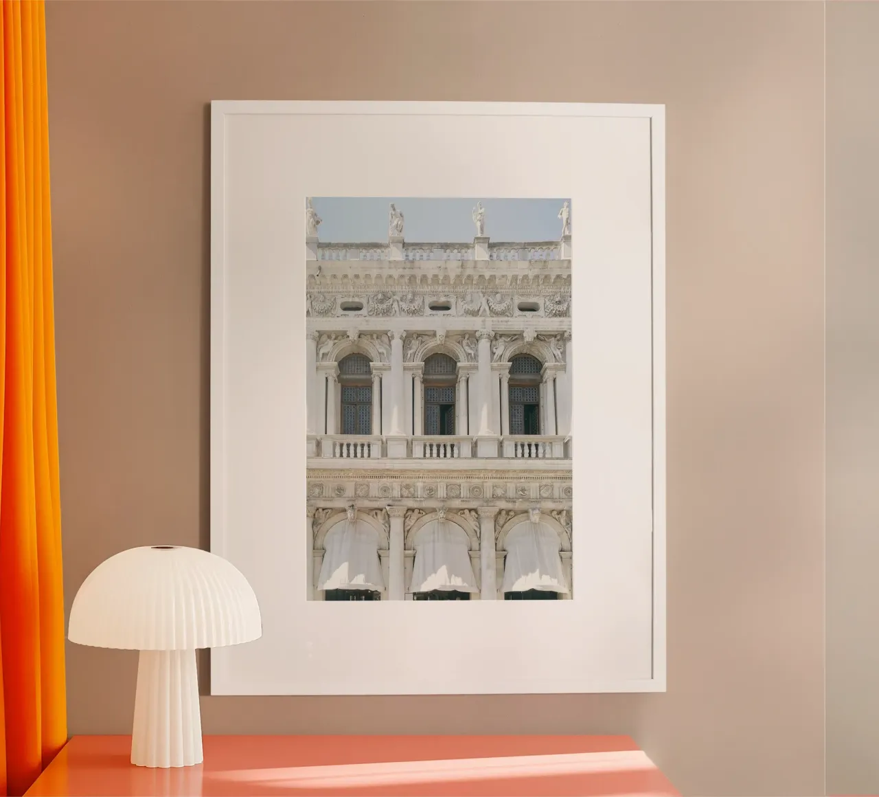 White and Beige Venice Building poster con telaio in plastica da GraceDigitalArtCo