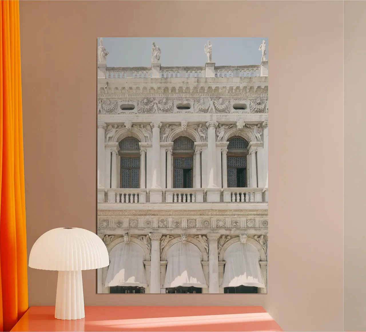 White and Beige Venice Building poster con telaio in plastica da GraceDigitalArtCo