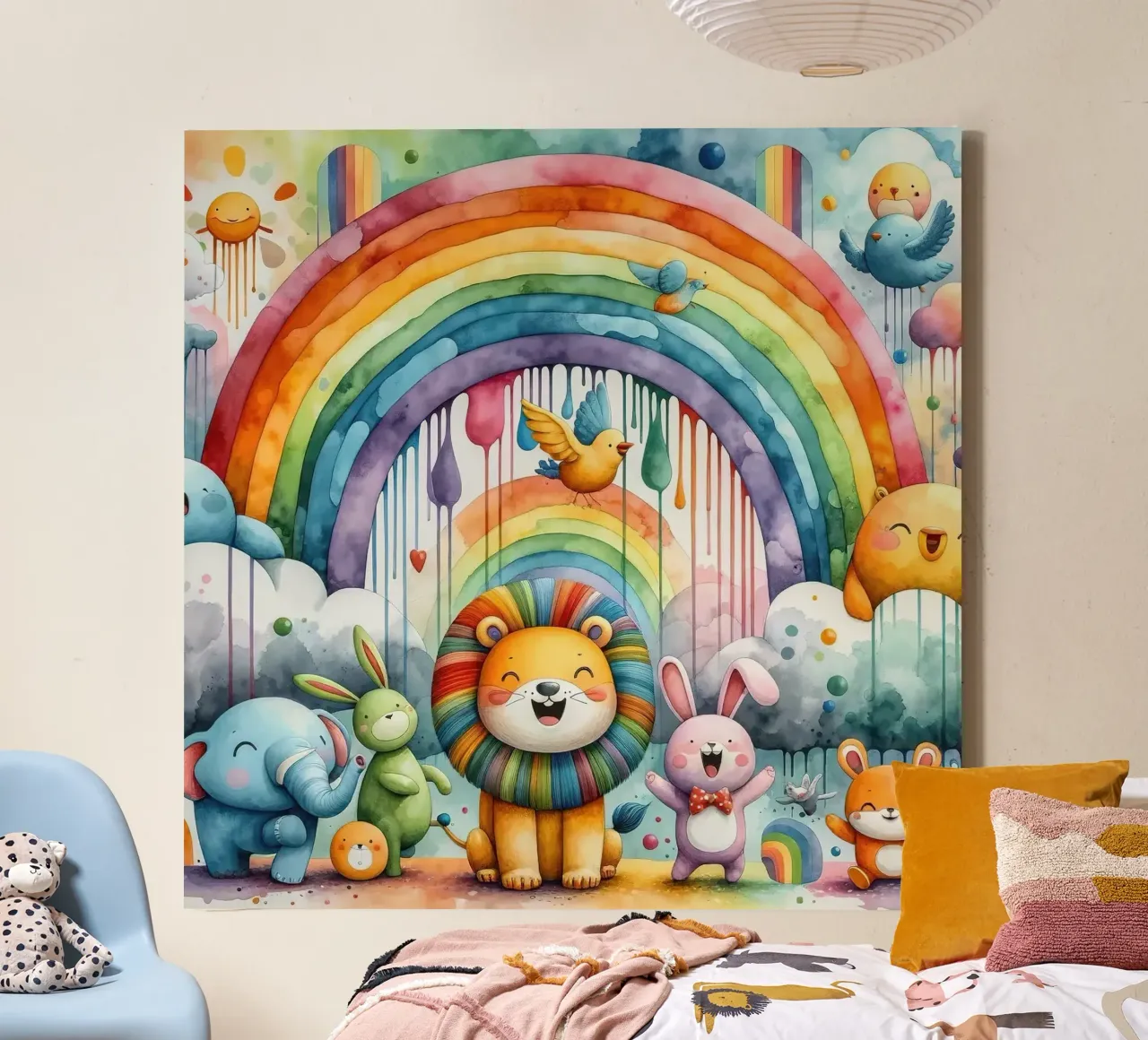 Regenboog en dieren in speelse harmonie canvas met Baklijst van Chromatic Fusion Studio