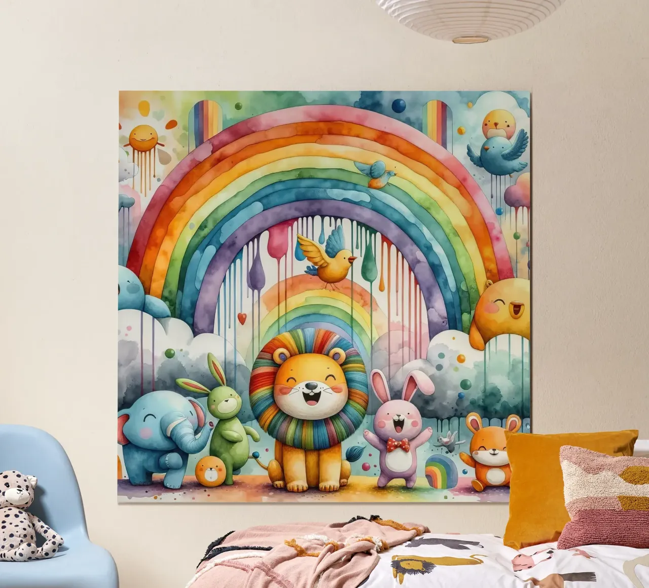 Arcobaleno e animali in giocosa armonia poster con telaio in plastica da Chromatic Fusion Studio