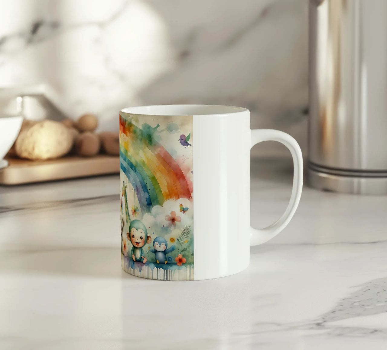 Arco iris con animales alegres taza de cerámica de Chromatic Fusion Studio