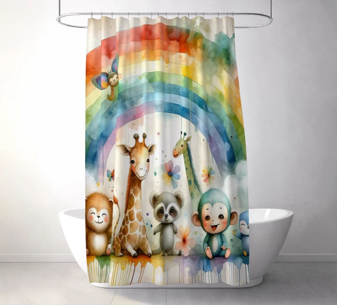 Arco iris con animales alegres cortina de baño de Chromatic Fusion Studio