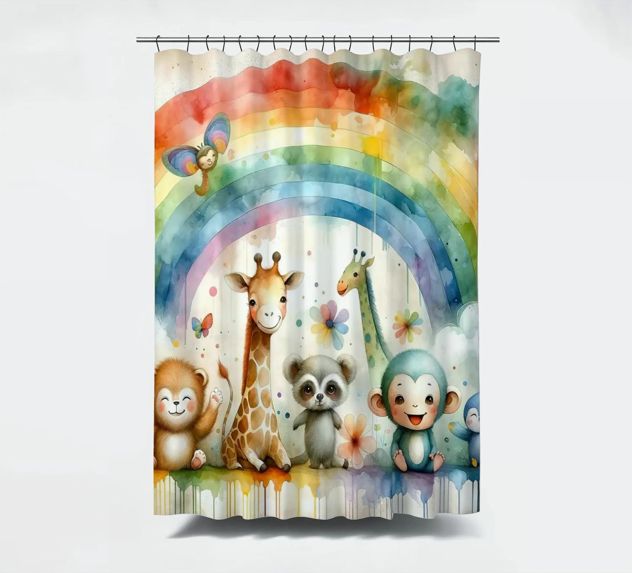 Arco iris con animales alegres cortina de baño de Chromatic Fusion Studio