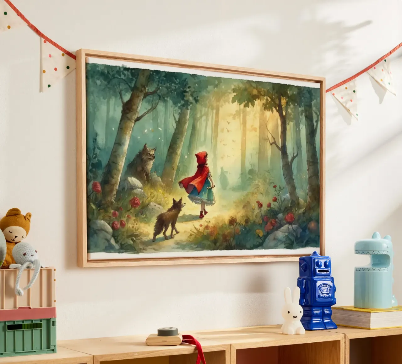 Roter Mantel in den Wäldern Leinwand mit Schattenfugenrahmen von Chromatic Fusion Studio