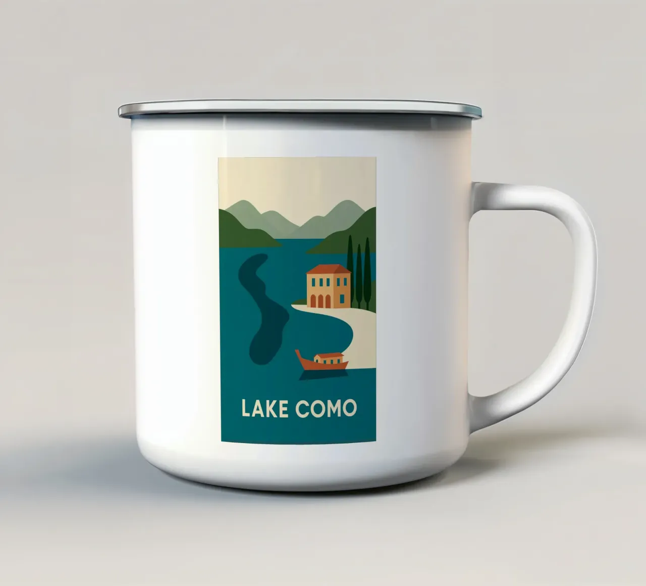 Fuga sul lago di Como - Il manifesto di design con accenti tazza in smalto da JETLAG | affiches voyage