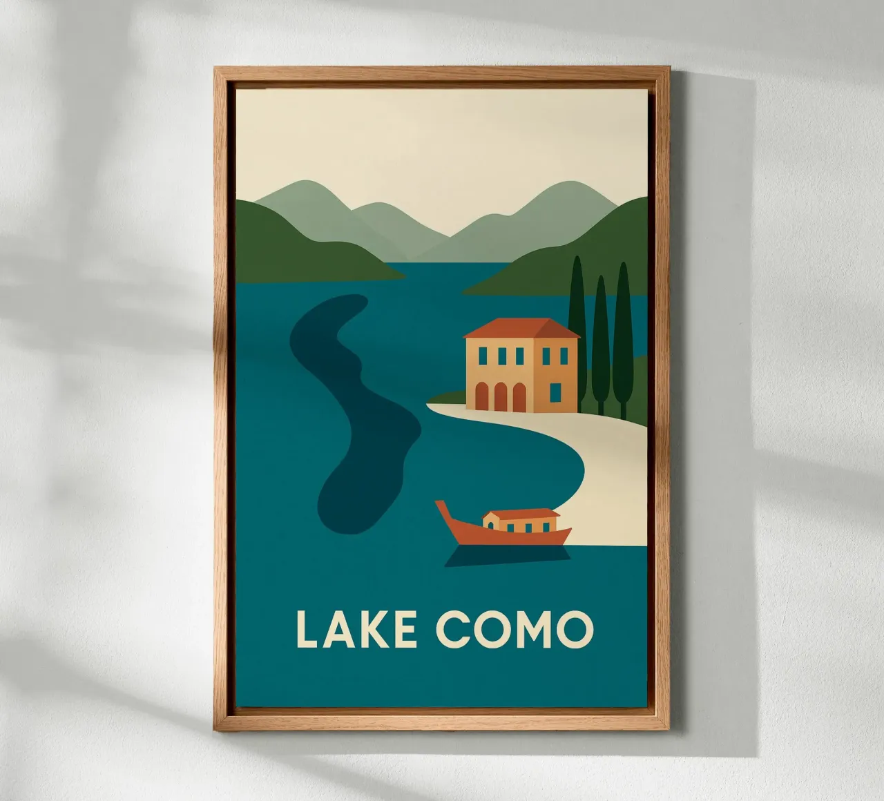 Escape to Lake Como - The design poster with accents canvas with Floater frame by JETLAG | affiches voyage