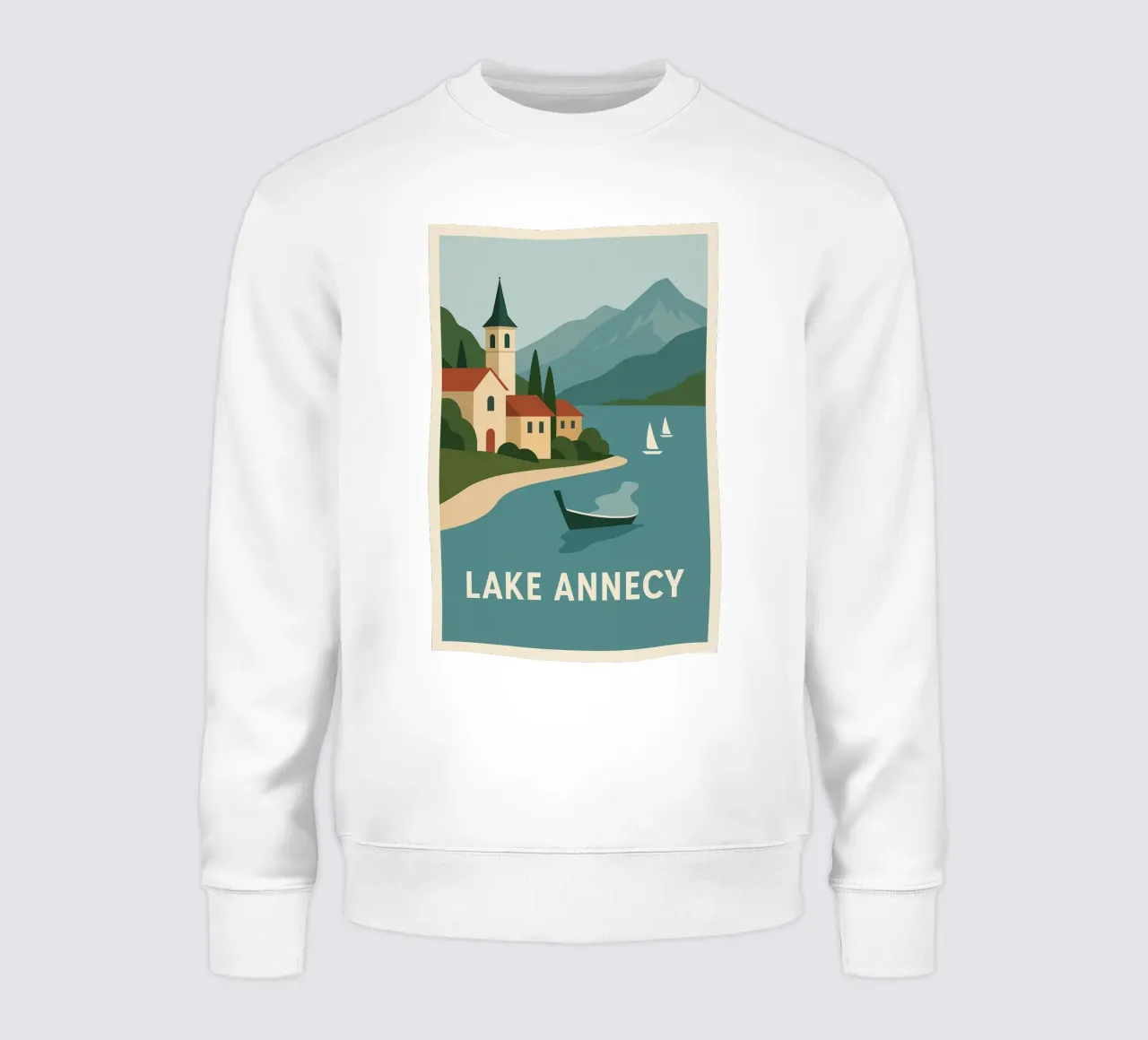 Graphic escape in Lake Annecy sweatshirt by JETLAG | affiches voyage