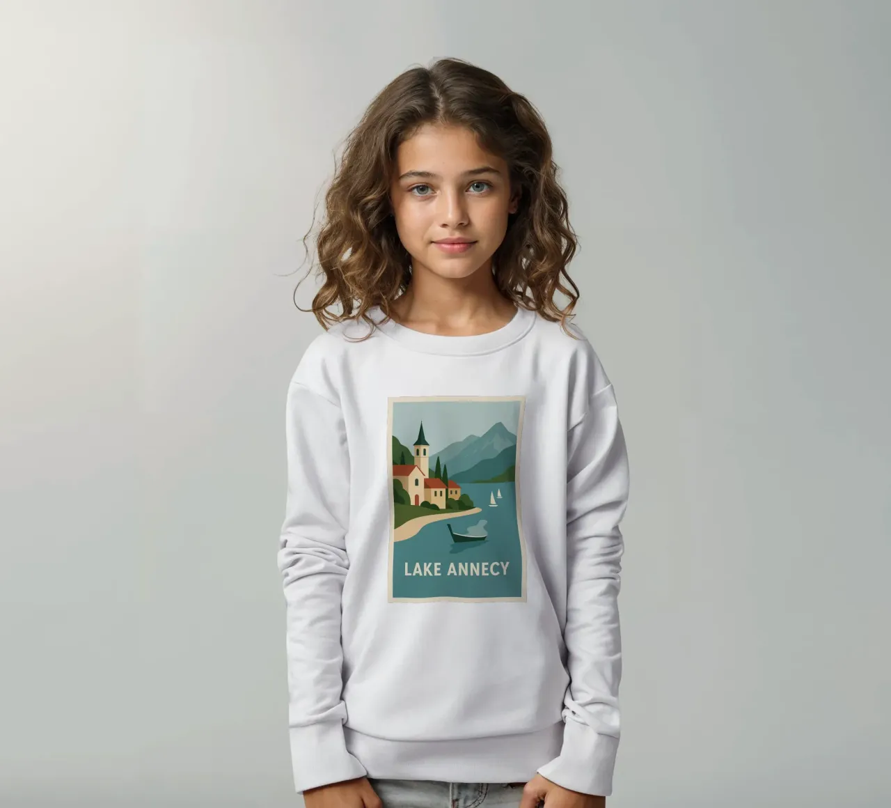 Graphic escape in Lake Annecy kids sweatshirt by JETLAG | affiches voyage