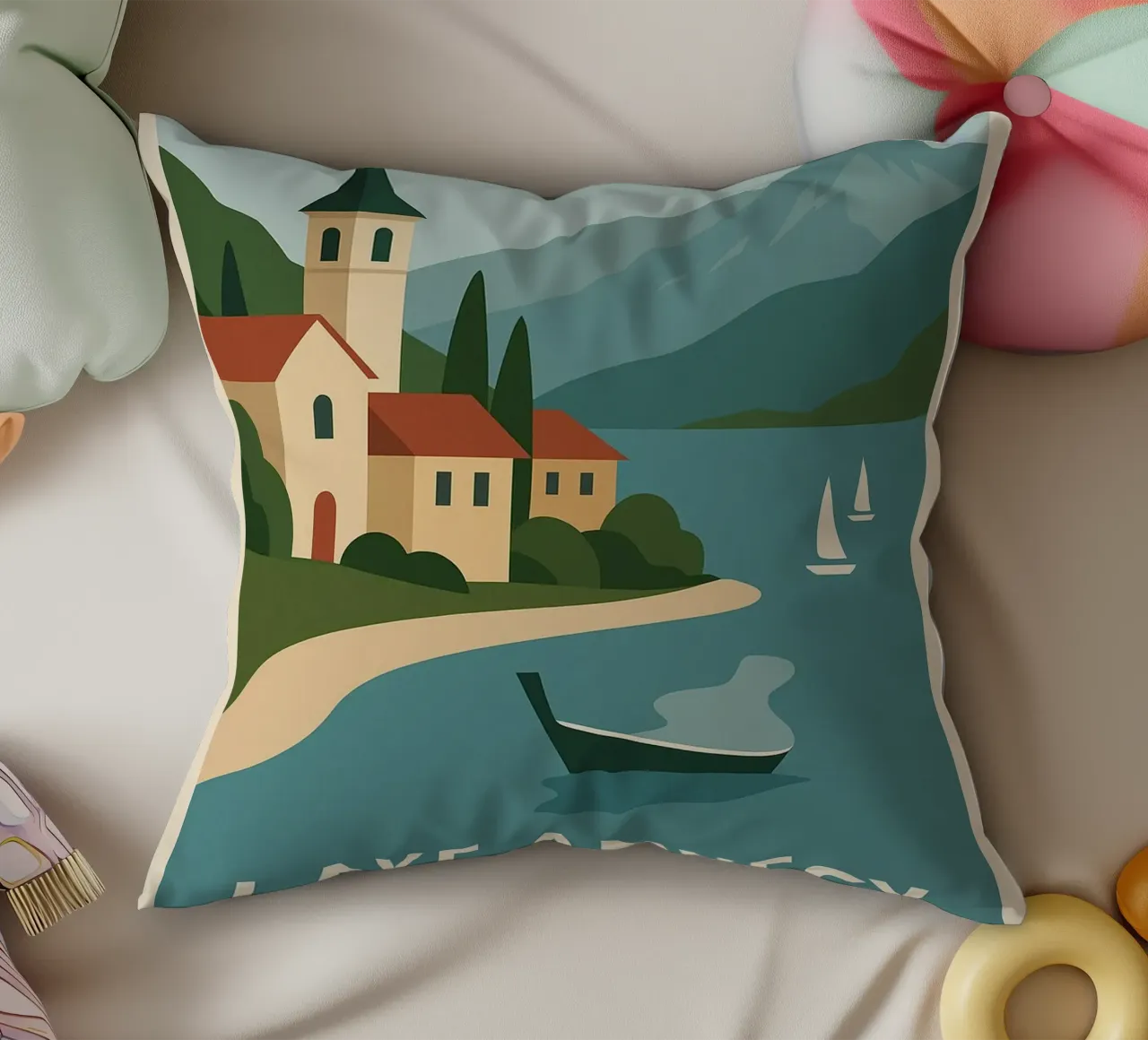 Graphic escape in Lake Annecy decorative cushion by JETLAG | affiches voyage
