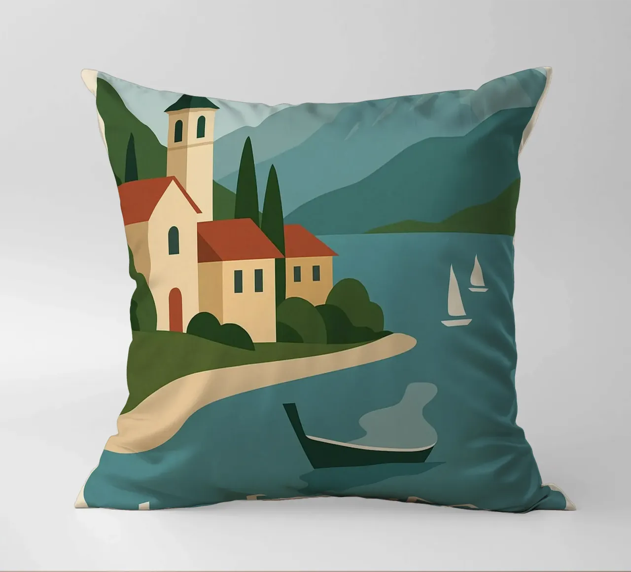 Graphic escape in Lake Annecy decorative cushion by JETLAG | affiches voyage