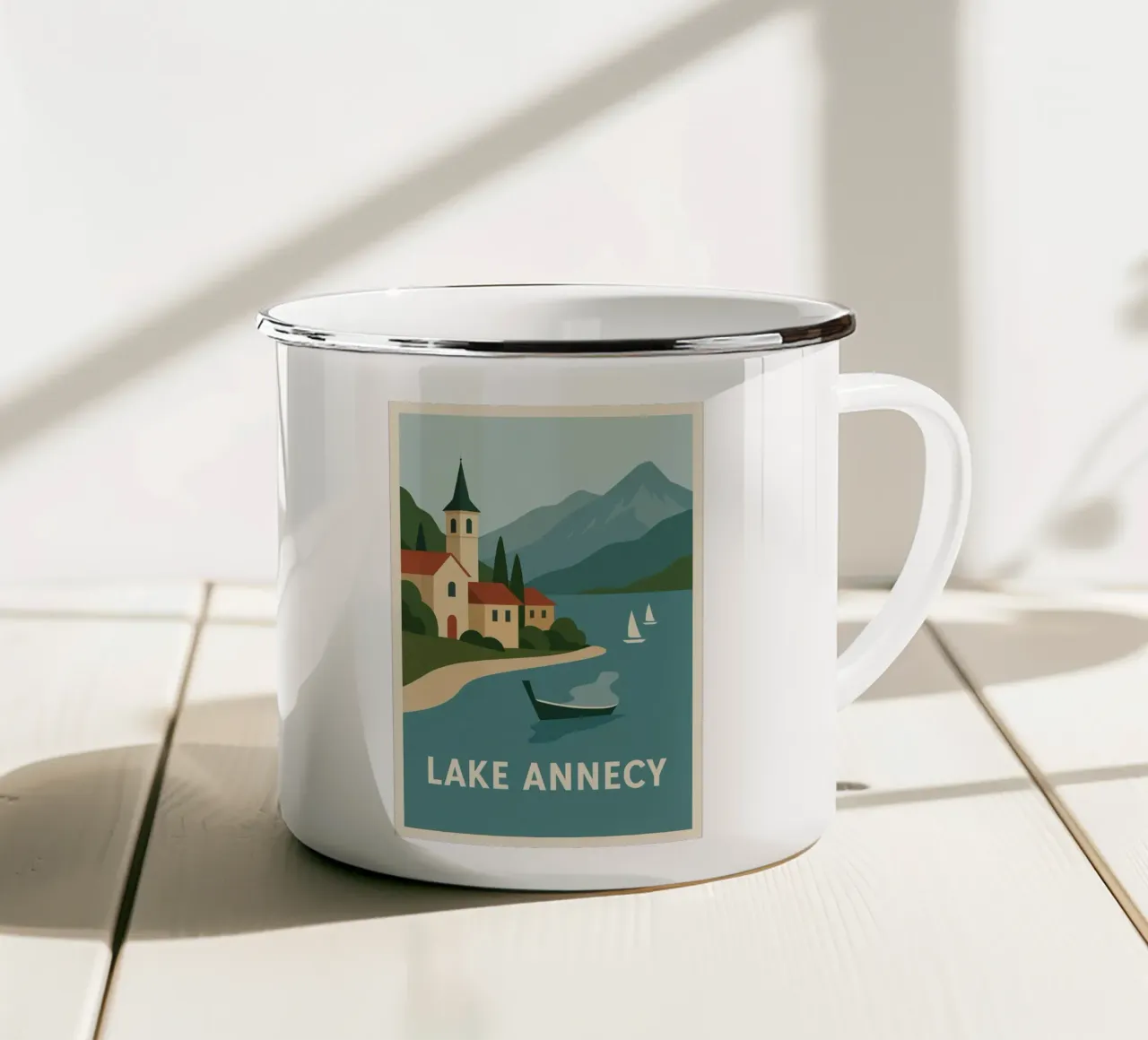 Grafische ontsnapping in het meer van Annecy emaille mok van JETLAG | affiches voyage