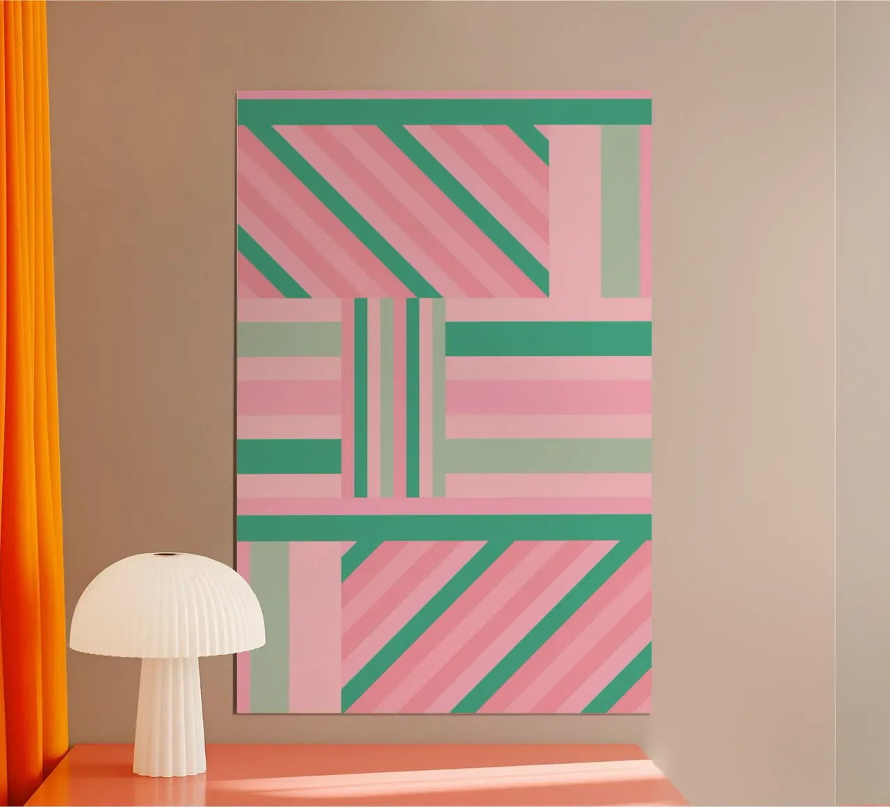 Strisce geometriche verdi e rosa poster con telaio in plastica da SilverPegasus