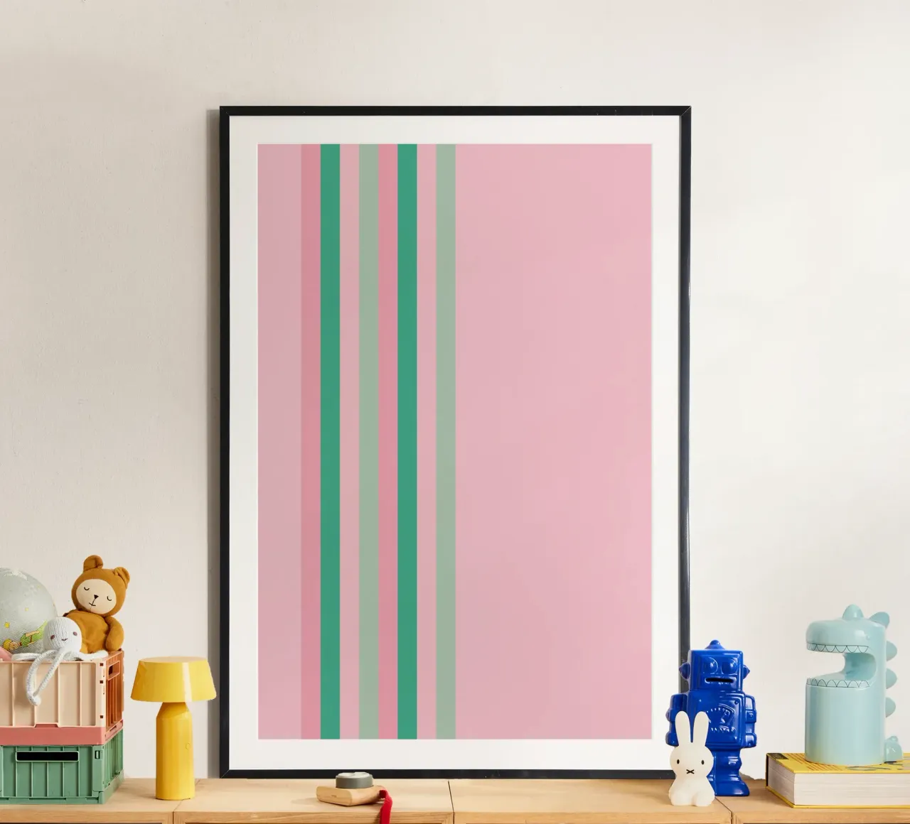Nastro a strisce verde e rosa poster con telaio in legno da SilverPegasus
